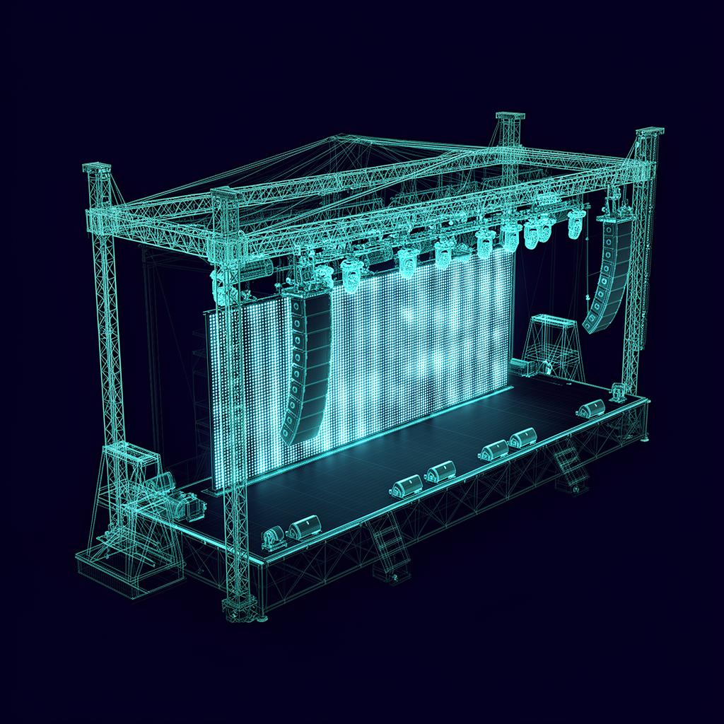 3D pre-visualization wireframe of an event stage with lighting and line array speakers