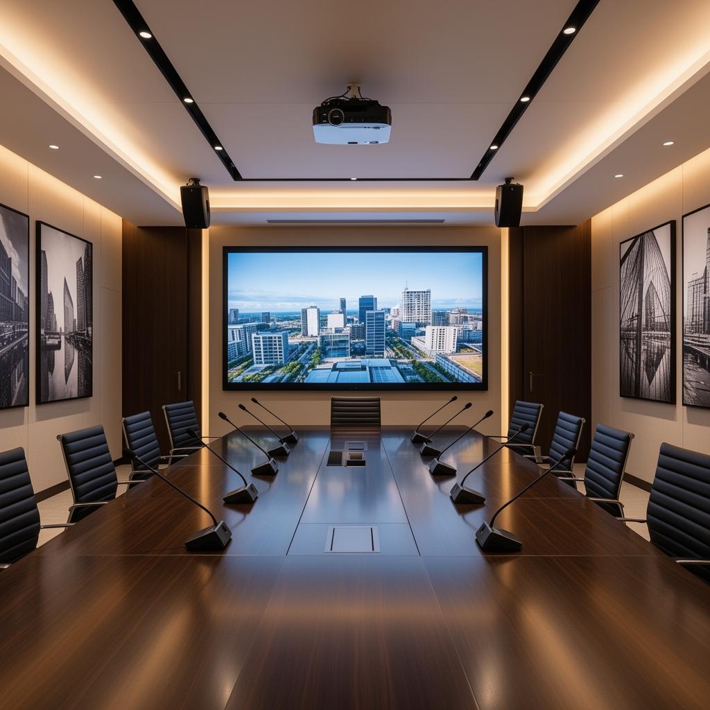 Integrated AV system in a modern corporate boardroom with display, mics and speakers