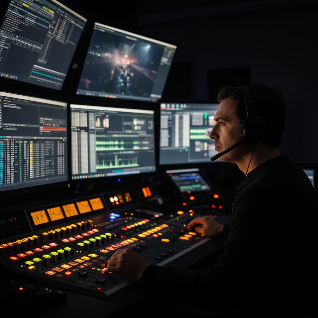 Technical director operating an audio console at a live corporate event